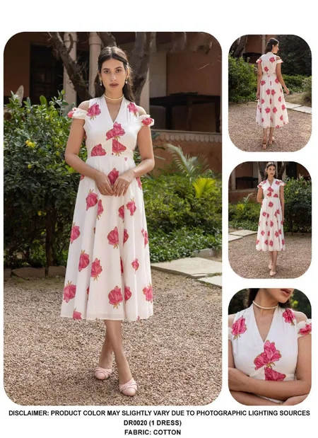 DR0020 Cotton White Floral Printed Ladies One Piece Western Dress Exporters In India